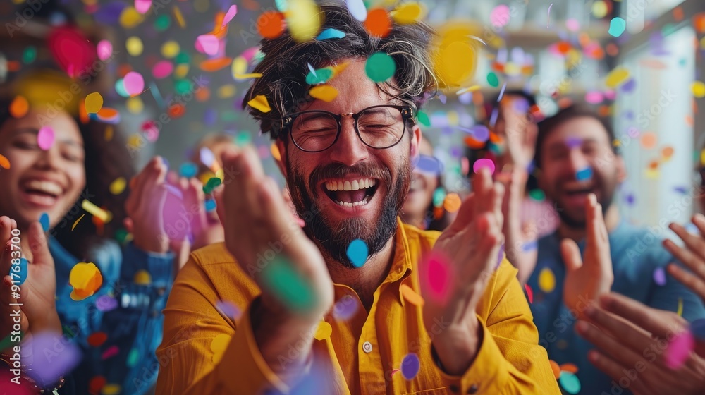 Obraz premium A group of friends celebrate with confetti and laughter, enjoying a special moment together.