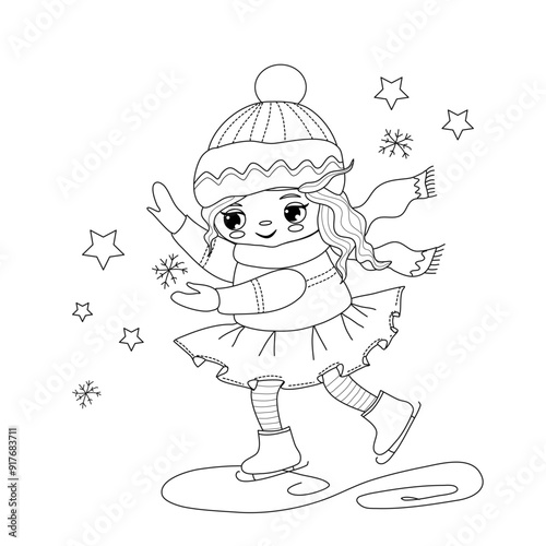 Coloring page for kids, adults. Princess, fairy girls. Cute girl skating on ice. Winter, Christmas, new year. Outline.Coloring page, Coloring book, colouring. For girls. Vector illustration