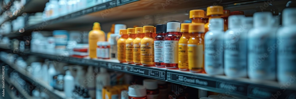 Close Up of Bottles on Pharmacy Shelf Close Up of Bottles on Pharmacy Shelf