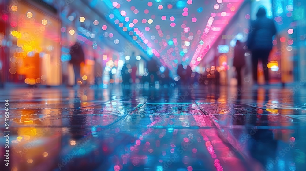 A low-angle view of a wet city street at night with colorful lights reflecting on the pavement. A low-angle view of a wet city street at night with colorful lights reflecting on the pavement.