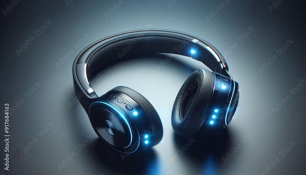 Headphones on a blue background with a focus on soun Headphones on a blue background with a focus on soun