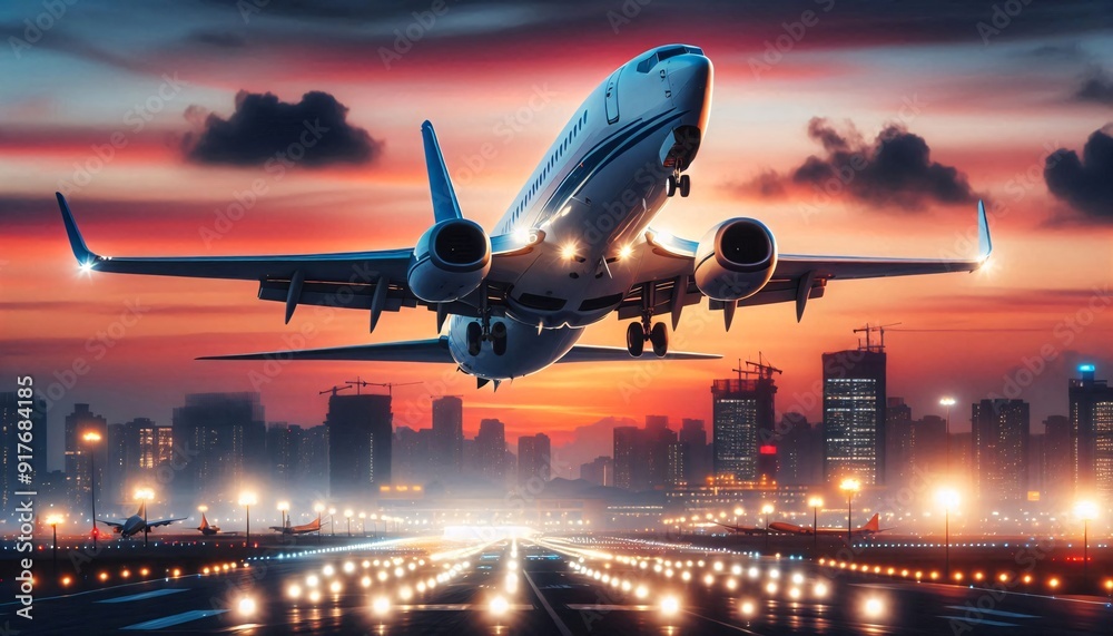 Airplane silhouetted against a sunset sky ove Airplane silhouetted against a sunset sky ove