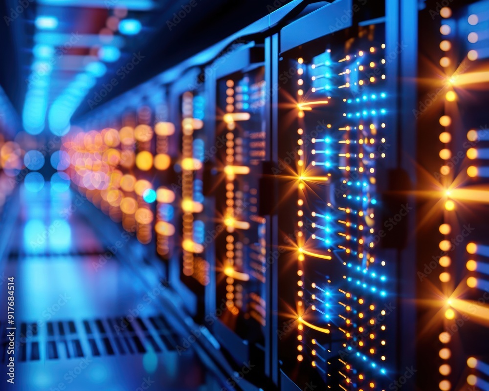 Fototapeta premium A close-up view of illuminated server racks in a data center, showcasing vibrant lights and modern technology.