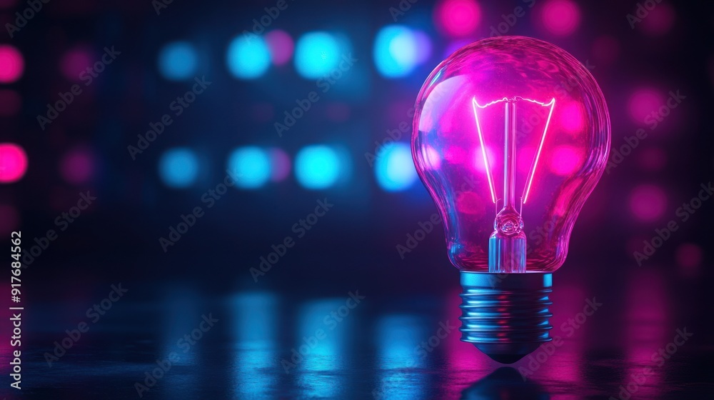 A Glowing Light Bulb with a Pink Hue and Blue Bokeh Lights A Glowing Light Bulb with a Pink Hue and Blue Bokeh Lights