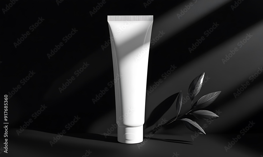 White Cosmetic Tube with Plant Branch on Black Background White Cosmetic Tube with Plant Branch on Black Background