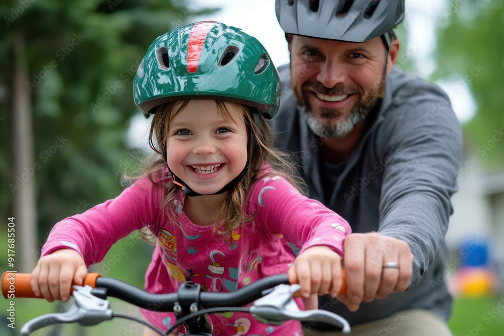 A joyful moment captured of a father and daughter biking together, showcasing smiles and the joy of outdoor activity. A joyful moment captured of a father and daughter biking together, showcasing smiles and the joy of outdoor activity.