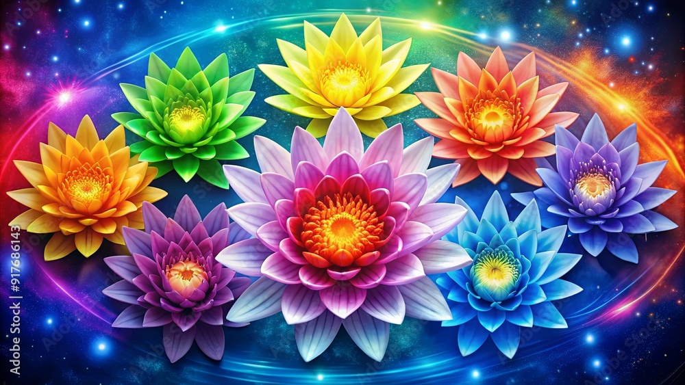 Close-up of vibrant lily flowers representing each of the seven chakras, lily, flowers, chakras, vibrant, colors