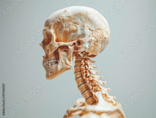 A human skull and cervical spine in profile against a light background. photo