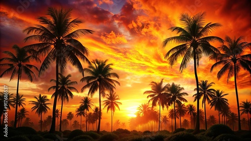 Tropical jungle silhouette against fiery sunset, creating a stunning artistic backdrop , jungle, tropical, silhouette
