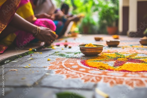 Rangoli being created on a doorstep. Deepavali celebration.