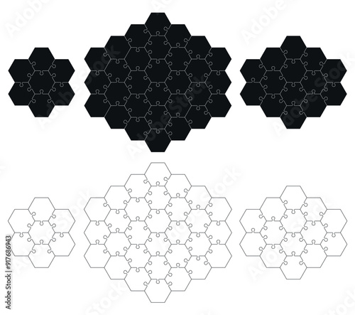 Puzzle pieces 7, 30, 14 isolated on white background. Vector mockup of hexagonal jigsaw with right angles