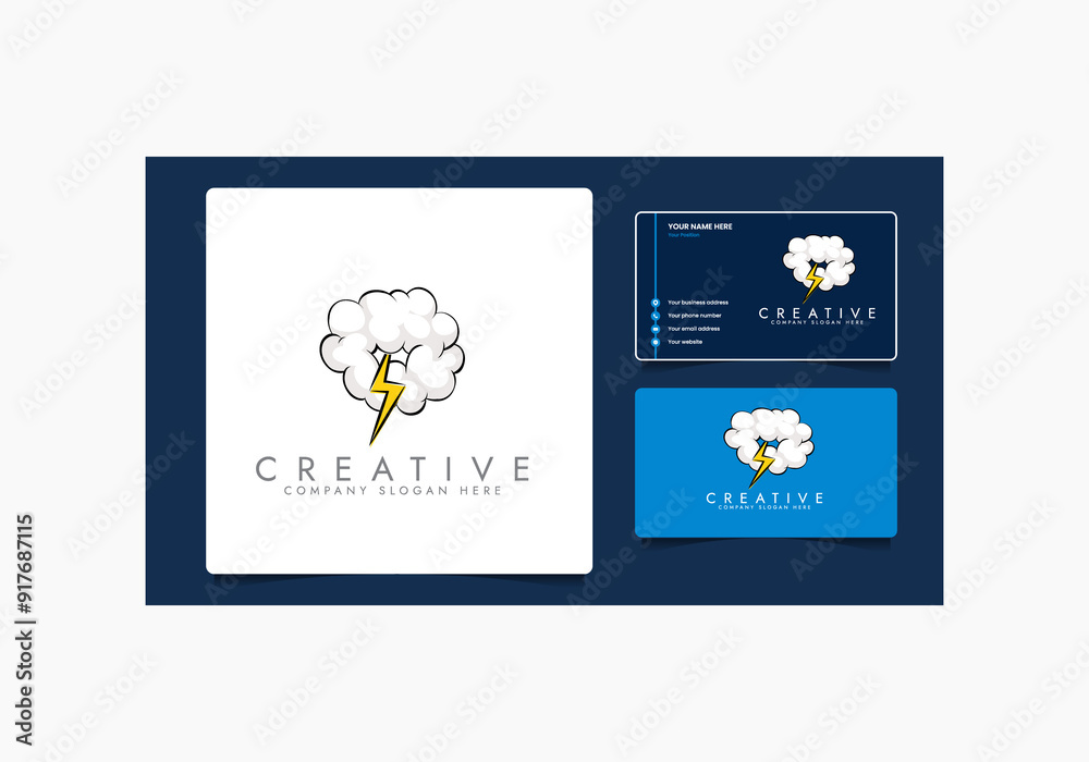 Overcast weather. Dark gray cloud with lightning and thunderstorm, it's raining, cartoon vector illustration with business card. Overcast weather. Dark gray cloud with lightning and thunderstorm, it's raining, cartoon vector illustration with business card.