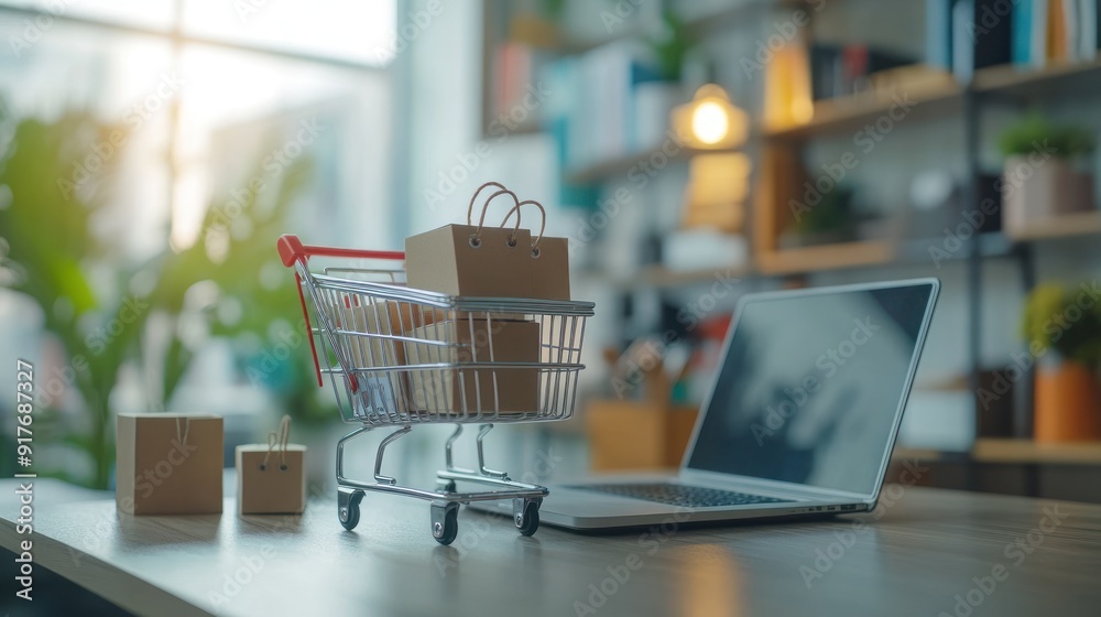 Online Shopping Cart with Laptop and Boxes Online Shopping Cart with Laptop and Boxes