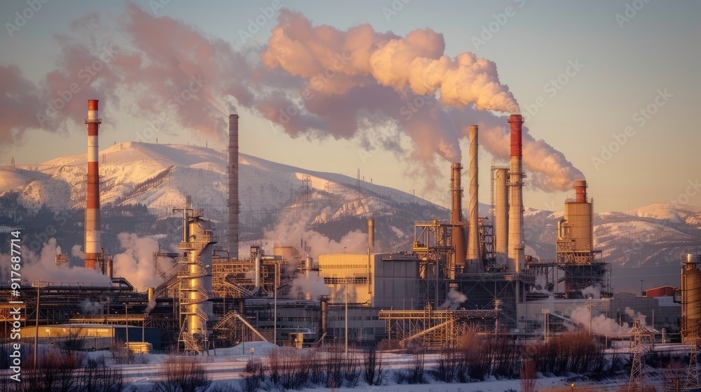 A large industrial complex with smokestacks emitting plumes of smoke against a backdrop of snow-capped mountains.