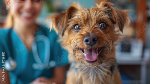 A close-up of a dog looking happy at the vet, with the vet's hand out of focus in the background.