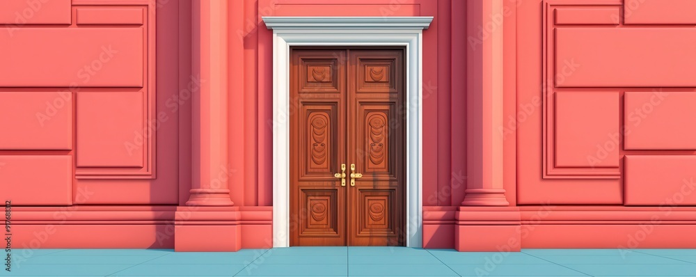 Giant door, intricate wood carvings, flat design illustration Giant door, intricate wood carvings, flat design illustration