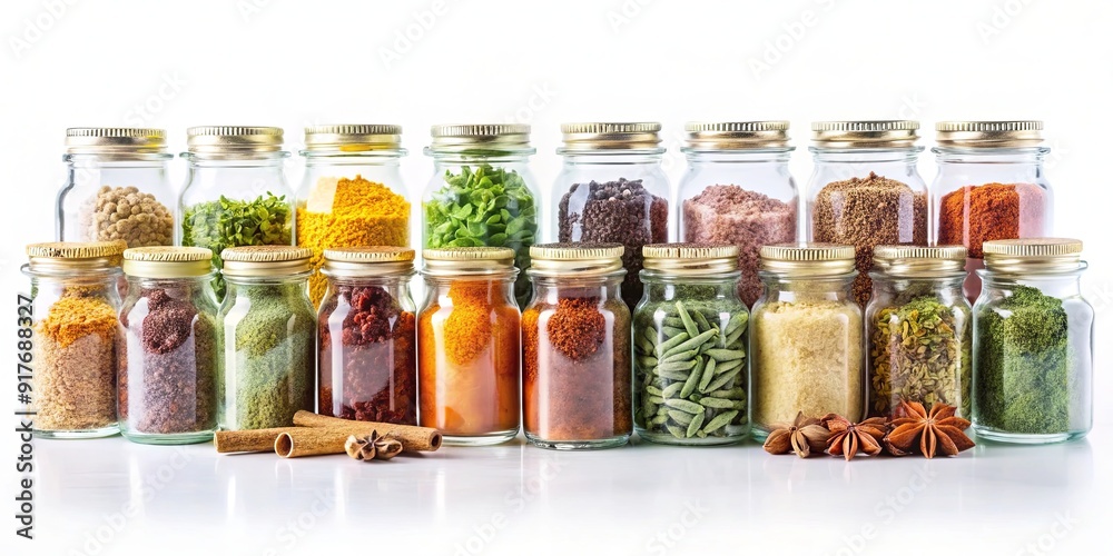 Collection of pastel-colored spices and herbs in small jars on a white background, pastel, colored, spices
