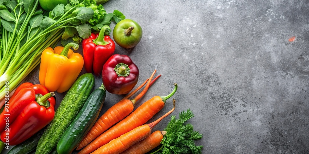 Fresh vegetables including carrots, cucumbers, and bell peppers on a grey background, healthy, organic, colorful, vibrant Fresh vegetables including carrots, cucumbers, and bell peppers on a grey background, healthy, organic, colorful, vibrant