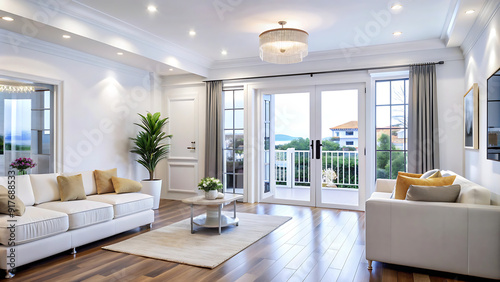 Interior of empty spacious living room with white walls and laminated floor with doors leading to balcony