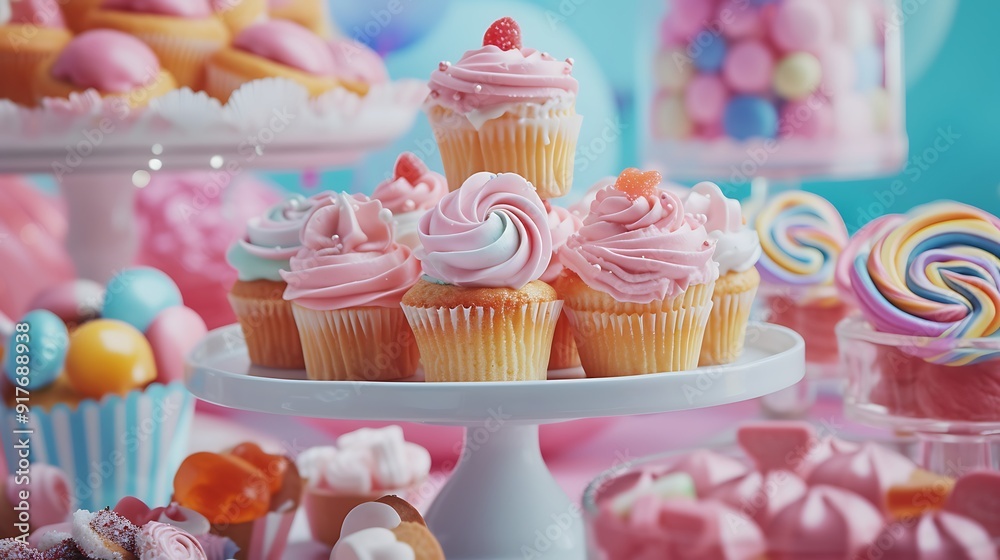 A dynamic shot of a candy-themed dessert table featuring cupcakes, cookies, and candies, creating a tempting spread to mark the delightful occasion of Candy Month, in vibrant A dynamic shot of a candy-themed dessert table featuring cupcakes, cookies, and candies, creating a tempting spread to mark the delightful occasion of Candy Month, in vibrant