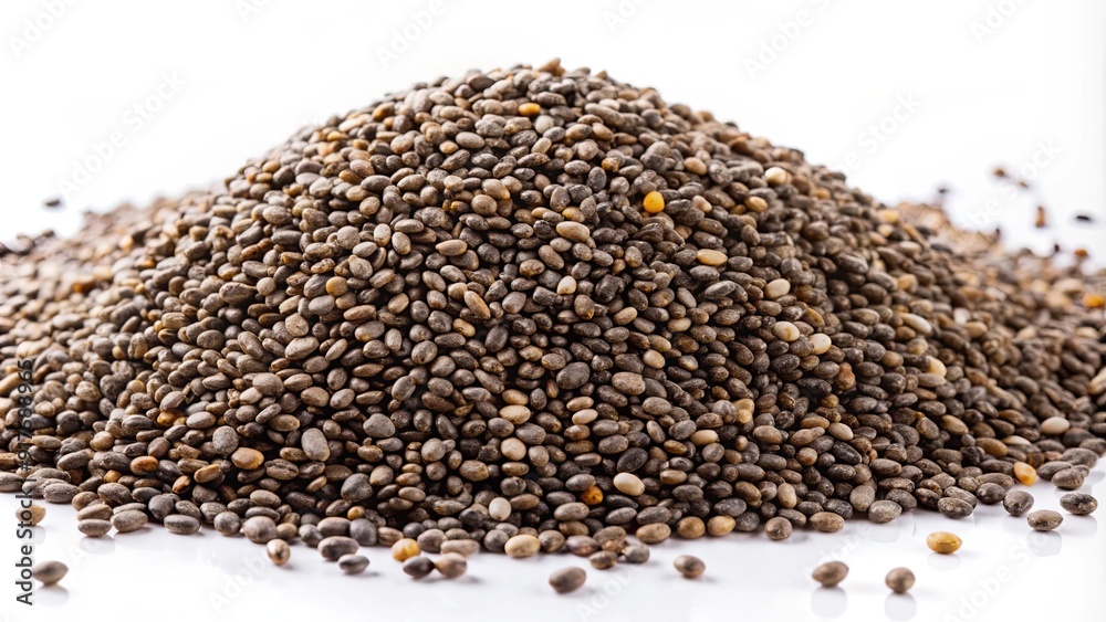 Heap of chia seeds, superfood, organic, healthy, nutrition, vegan, antioxidant, omega-3, protein, fiber, plant-based, dietary Heap of chia seeds, superfood, organic, healthy, nutrition, vegan, antioxidant, omega-3, protein, fiber, plant-based, dietary