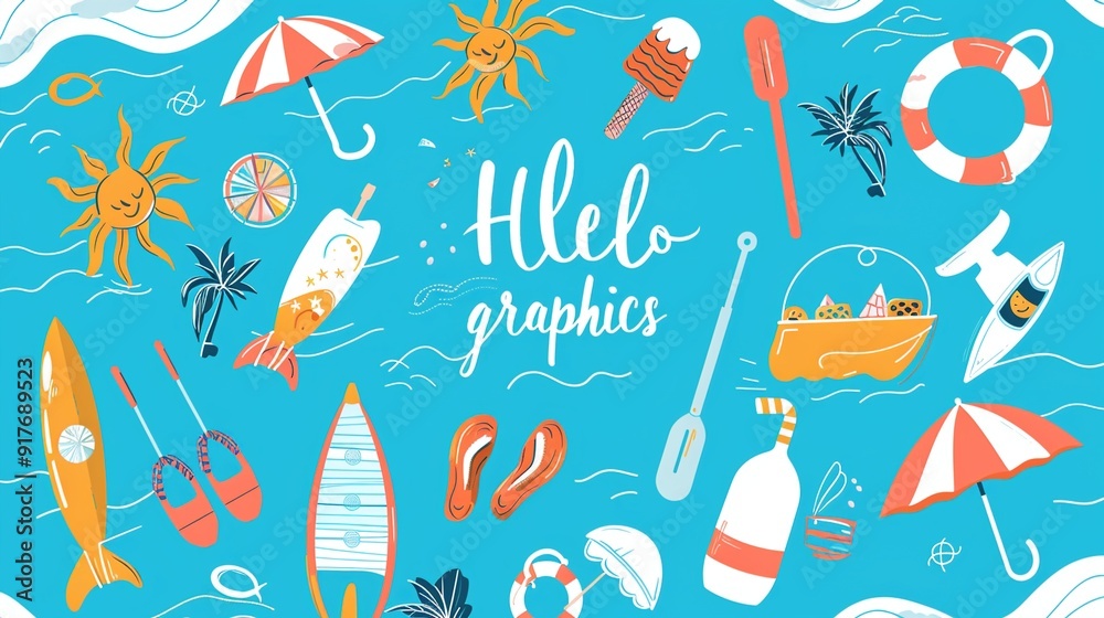 Fun Summer Beach Themed Illustrations on Blue Fun Summer Beach Themed Illustrations on Blue