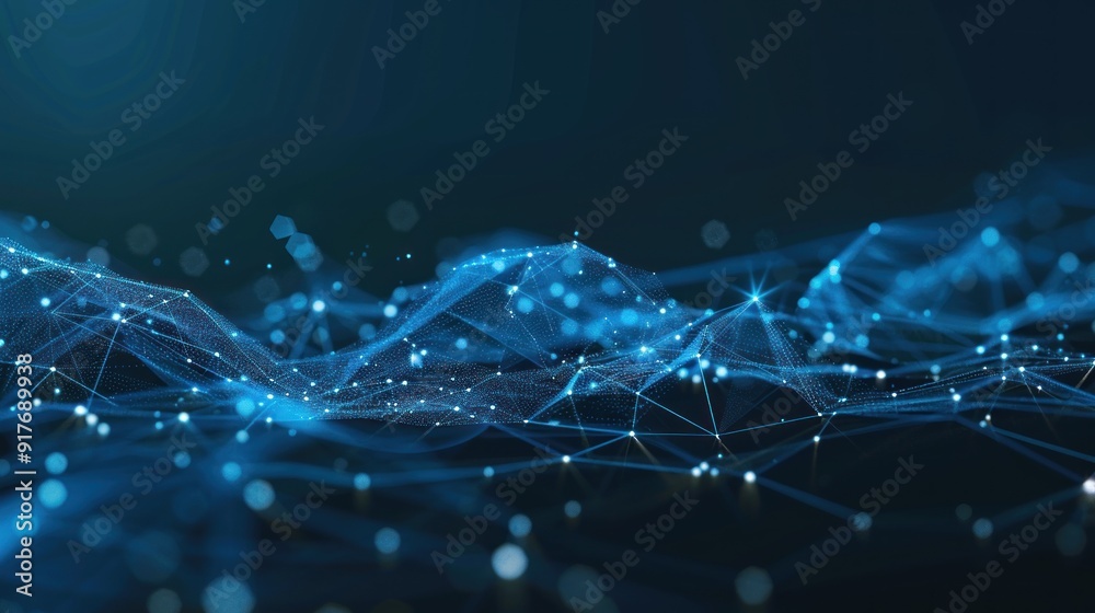 Obraz premium Futuristic wave. Abstract wave with blue dots and lines. Dark background particles