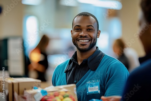 Smiling Food Bank Worker at Community Center