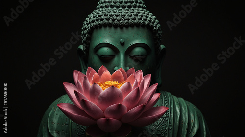 a statue of a buddha with a candle and flowers