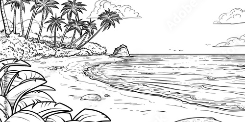 Detailed Black and White Beach Scene Illustration with Palm Trees, Rocks, and Gentle Waves Under a Partly Cloudy Sky