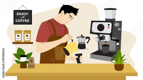 Making Hot Coffee, Barista Pours Coffee Into Cup. Making Coffee with Modern Machine. Illustration of Flat Cartoon Man Working in Cafe, Coffee Maker, Espresso, Coffee Equipment