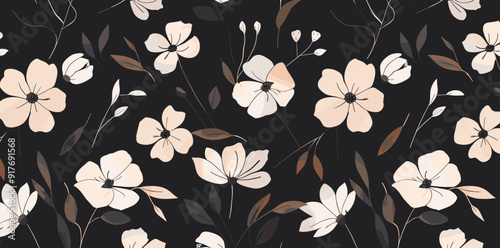 A seamless pattern featuring delicate white and peach flowers on a dark background The flowers are stylized with a textured appearance giving a vintage feel Perfect for textiles stationery and home de