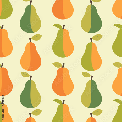 Seamless pattern with green and orange pears on a pale yellow background The design is simple and modern with the pears arranged in a repeating pattern This pattern is perfect for use in a variety of