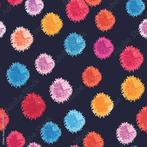 Colorful pom-poms arranged in a repeating pattern on a dark blue background This vibrant and playful pattern is perfect for adding a touch of fun and whimsy to any design