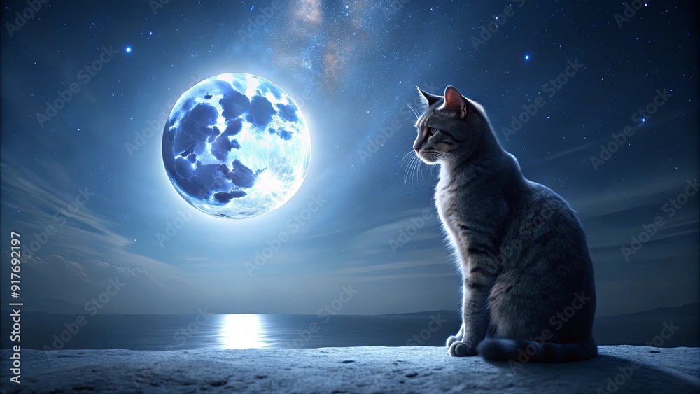 Obraz premium A cat basking in the glow of moonlight at night , night, moonlight, feline, pet, stars, serene, peaceful, beauty, nature