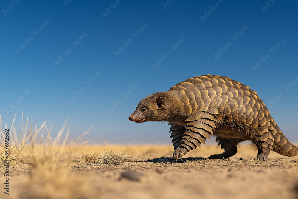 Fototapeta premium Pangolin Walking in Dry Grassland Under Clear Blue Sky, Unique Scaly Armor
