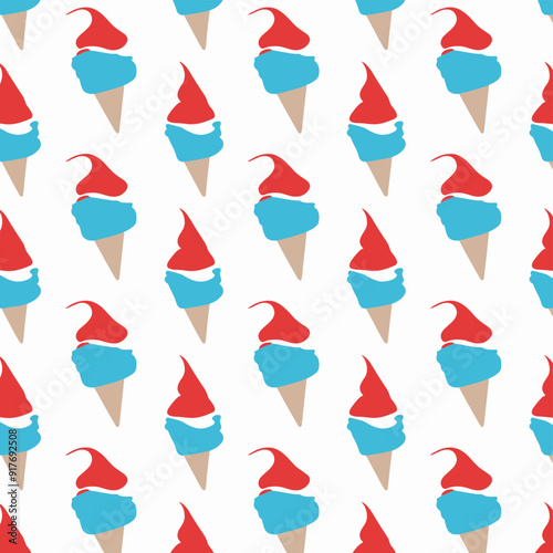 Seamless pattern of red and blue ice cream cones on a white background.  This cheerful and colorful pattern is perfect for summer designs, food-themed projects, or any design needing a playful touch.