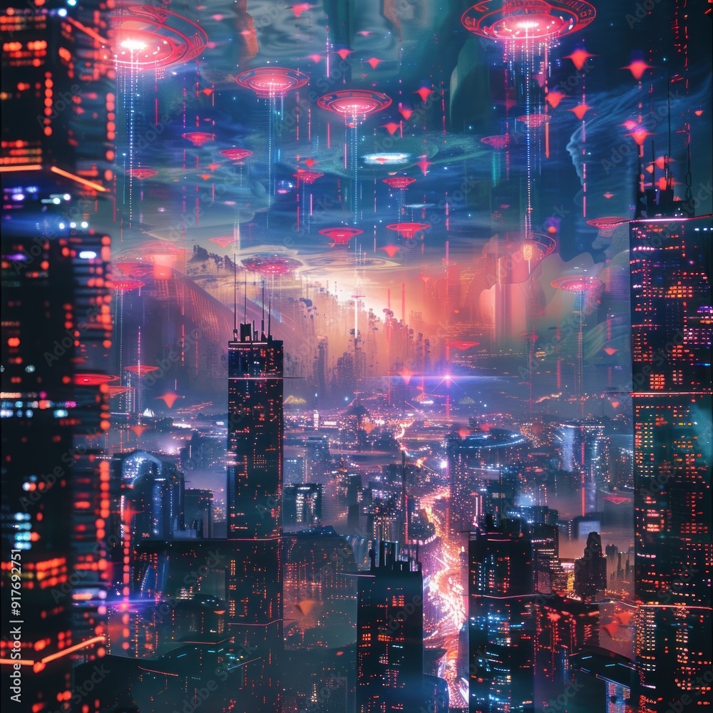 Fototapeta premium 4. Virtual reality cityscape, floating holograms, futuristic ambiance