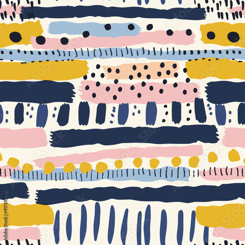Abstract seamless pattern with colorful stripes, dots, and brushstrokes. This playful and modern design is perfect for textiles, wallpaper, and other creative projects.