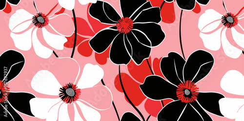 A seamless pattern of black and white flowers with red centers, arranged on a pink background.