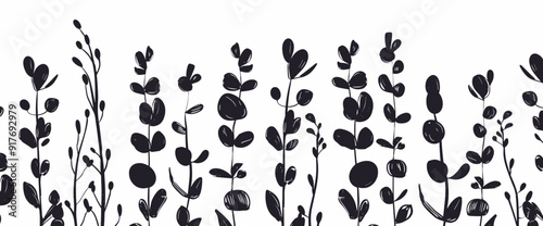 A black and white illustration of various plant stems and leaves The stems and leaves are arranged in a vertical pattern against a white background They are drawn with a textured brushstroke style giv