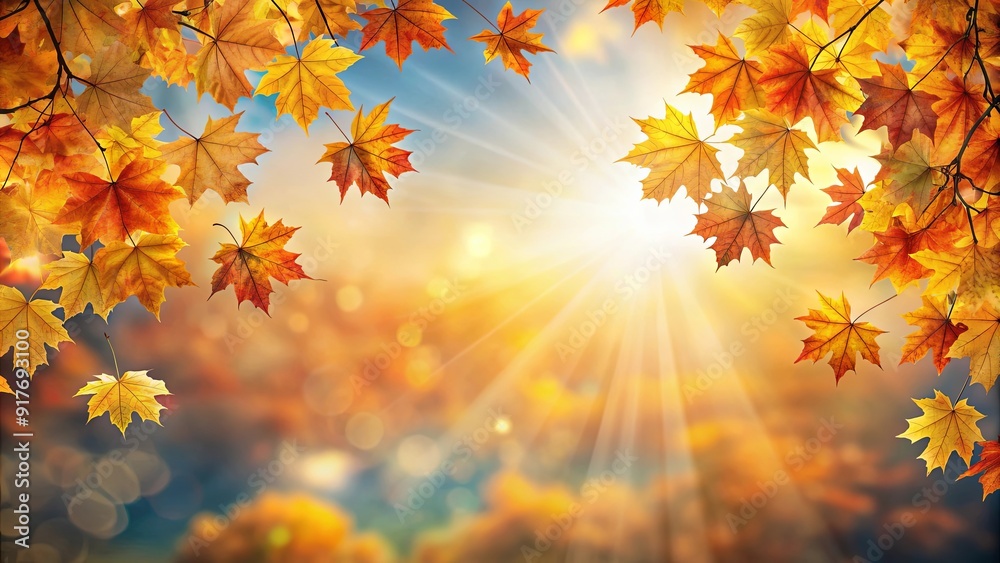 Autumn leaves decoration with copy space on blurred sunny sky background, autumn, leaves, decoration, copy space, blurred, sunny Autumn leaves decoration with copy space on blurred sunny sky background, autumn, leaves, decoration, copy space, blurred, sunny
