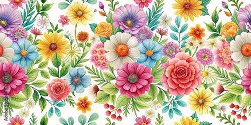 Seamless pattern with colorful flowers on a white background, floral, design, vintage, textile, background, wallpaper