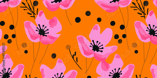 Seamless pattern with pink flowers on a orange background The design features abstract stylized flowers with black centers and stems with scattered black dots and circles This modern bright pattern wo