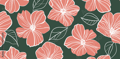 A seamless pattern featuring pink flowers and leaves against a deep green background The flowers are stylized with white outlines and subtle texture adding a vintage feel The design is perfect for cre
