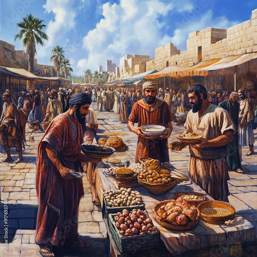 Mesopotamian traders bartering goods at a bustling market square