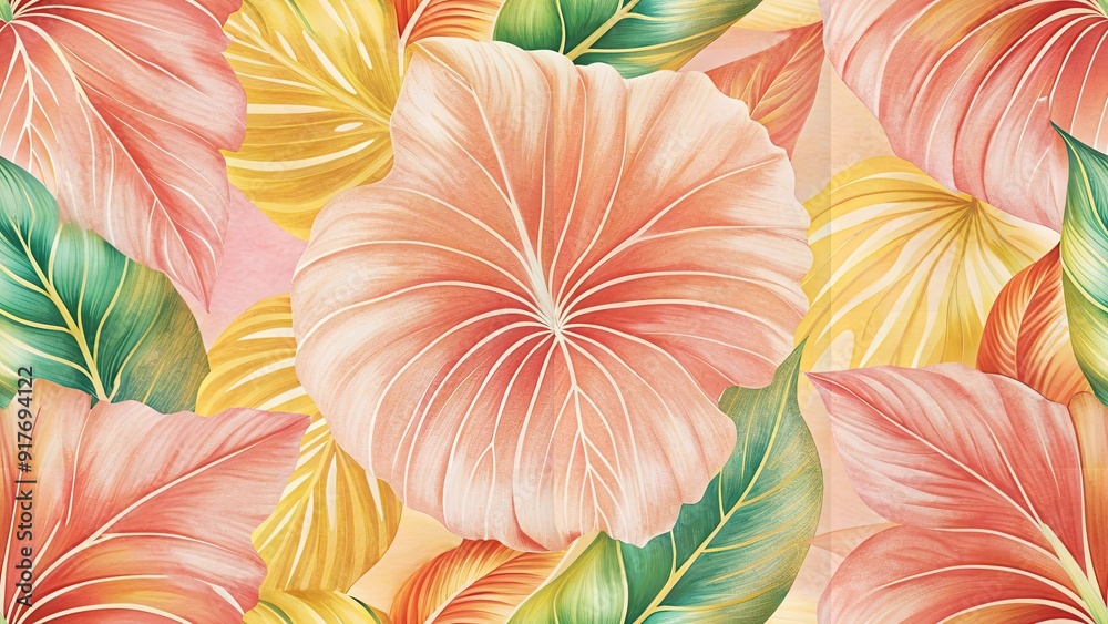 Tropical Caladium Bicolor Leaf Seamless Pattern on grainy gradient colorful with copy space for any design Tropical Caladium Bicolor Leaf Seamless Pattern on grainy gradient colorful with copy space for any design