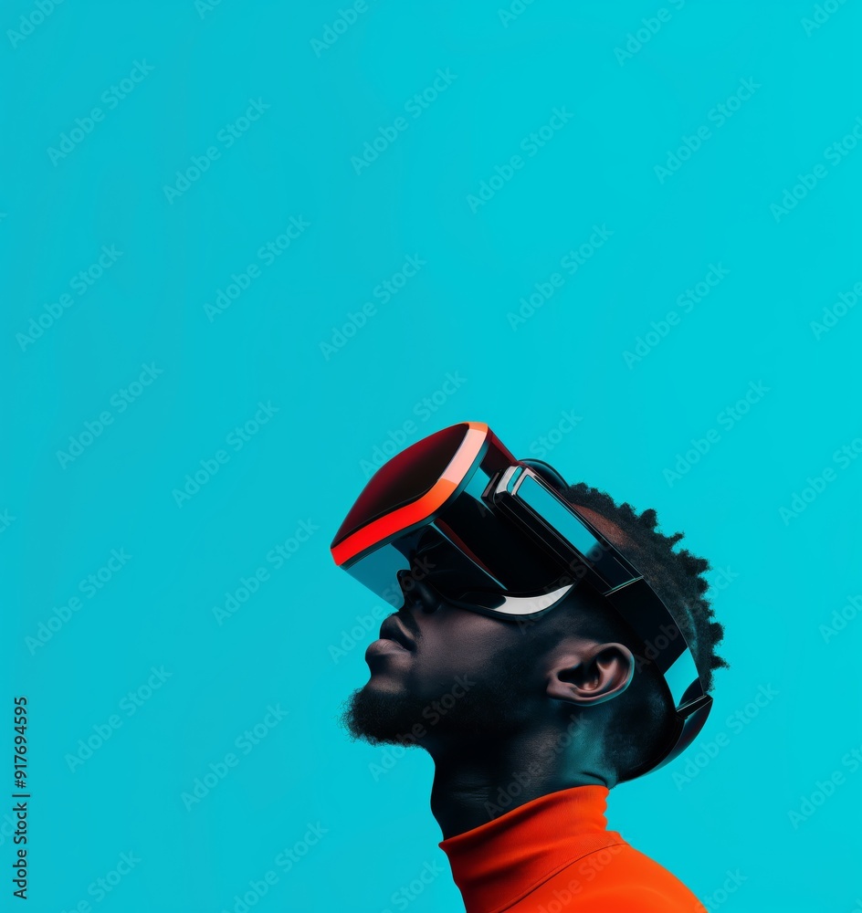Man Experiencing Virtual Reality with Modern Headset on Vibrant Blue Background Man Experiencing Virtual Reality with Modern Headset on Vibrant Blue Background