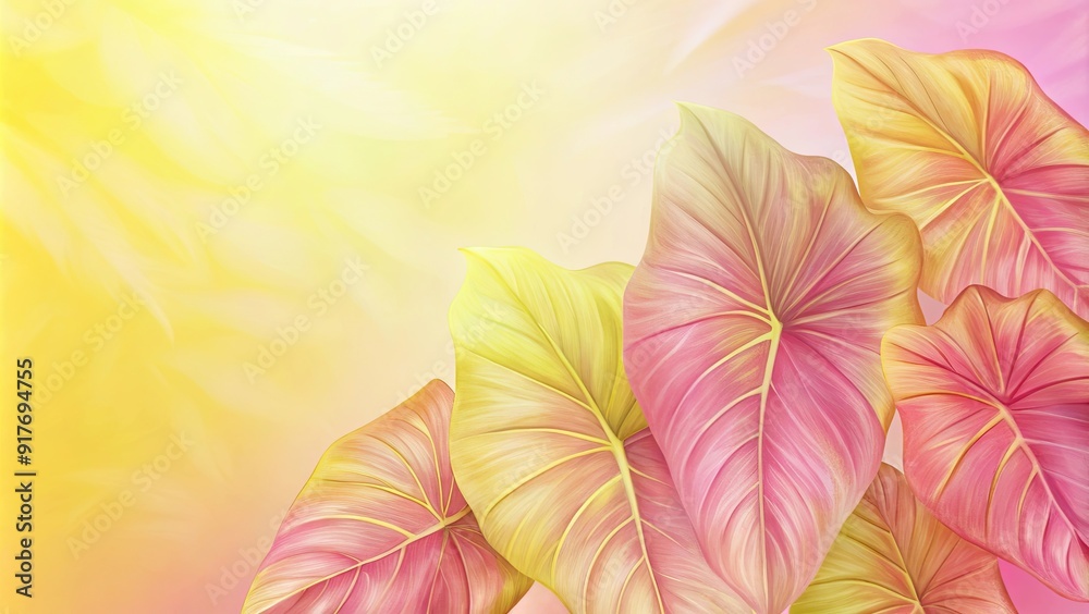 Fototapeta premium Tropical Caladium Bicolor Leaf Wallpaper on grainy gradient colorful with copy space for any design