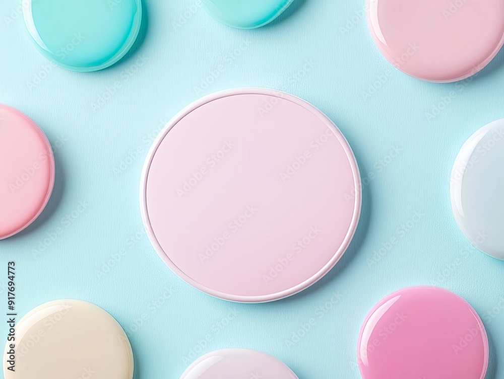 Arrangement of pastel-colored round shapes on a light blue background, offering a soft and minimalistic design aesthetic. Arrangement of pastel-colored round shapes on a light blue background, offering a soft and minimalistic design aesthetic.